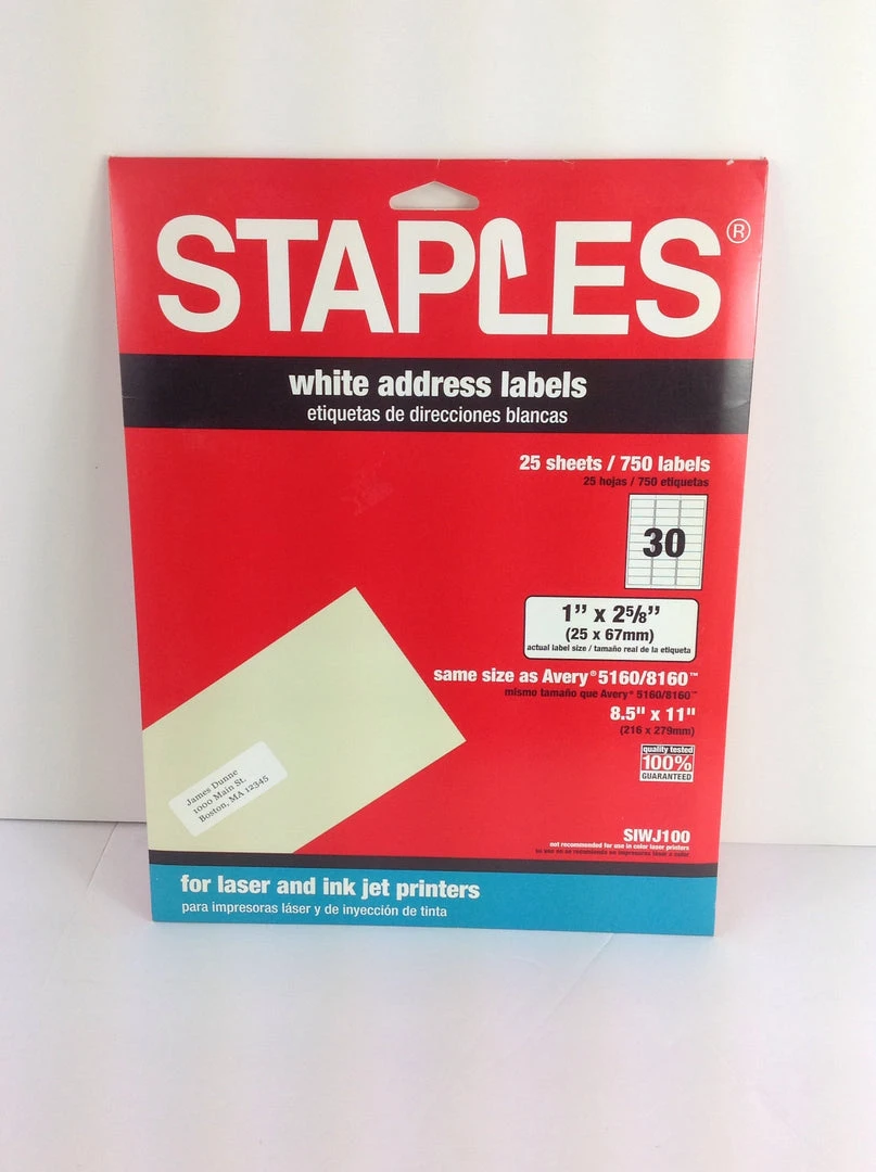Bargainwizz Staples White Address Labels Siwo100 Laser Ink And Jet 30 Per Sheet 750 1"x 2 5/8" Office Supplies 1 Bargainwizz Staples White Address Labels Siwo100 Laser Ink And Jet 30 Per Sheet 750 1"x 2 5/8" Office Supplies